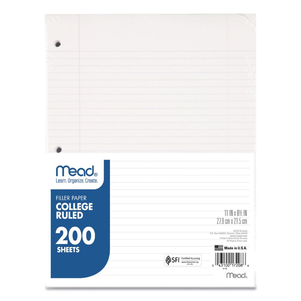Mead Filler Paper, 3-Hole, 8.5 x 11, College Rule, 200/Pack