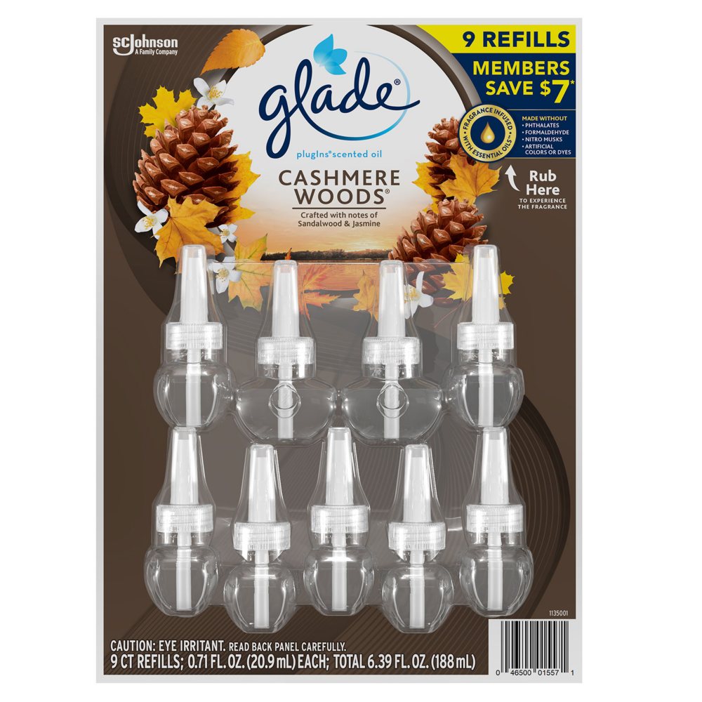 Glade PlugIns Scented Oil Refills, Cashmere Woods, 9 refills
