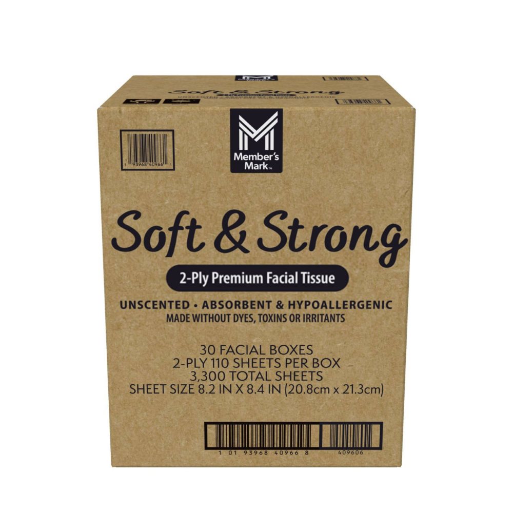 Member's Mark 2-Ply Soft and Strong Facial Tissues 30 boxes., 110 tissues/box