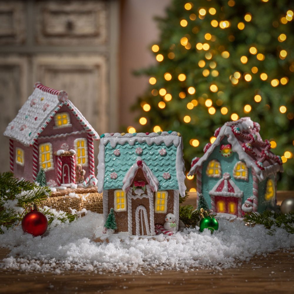 Pre-Lit Clay Gingerbread Houses, Set of 3