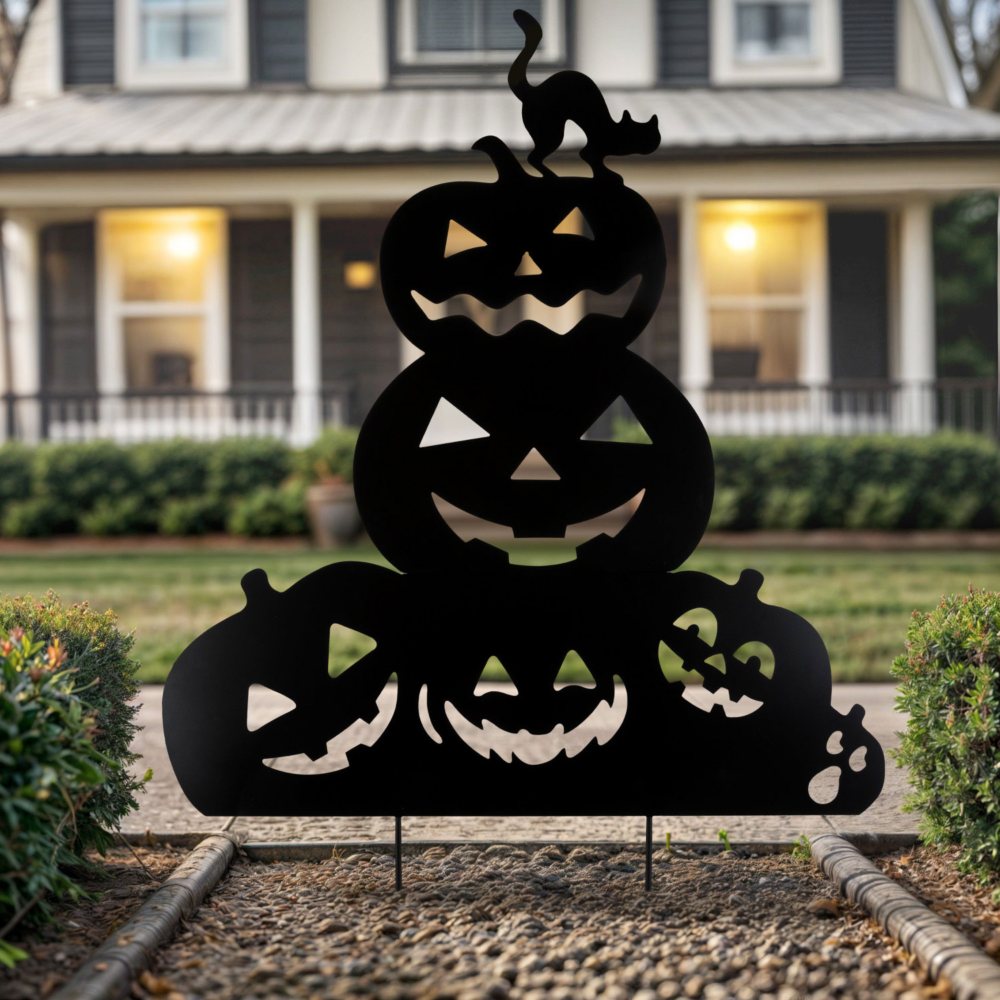 Pumpkins & Cat 49.5" Metal Silhouette Yard Décor