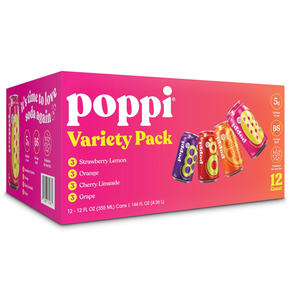 poppi Prebiotic Soda Variety Pack, 12 fl. oz., 12 pk.