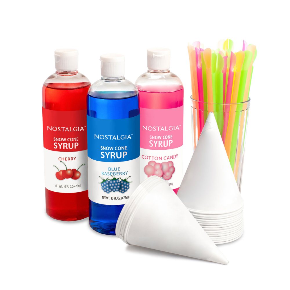 Nostalgia Premium 16-Ounce Snow Cone Syrups, Cups and Spoon-Straws Party Kit