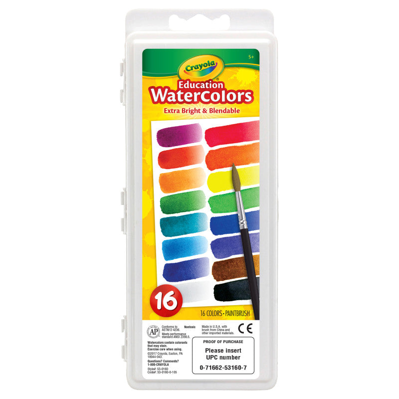 Crayola Watercolor Set - 16 Semi Moist Oval Pans 1 Brush (Pack of 6)
