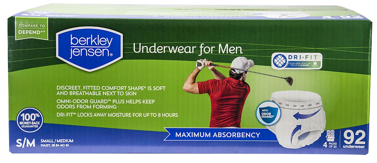 Berkley Jensen Incontinence Underwear for Men, Maximum Absorbency, Size Small/Medium, 92 ct.