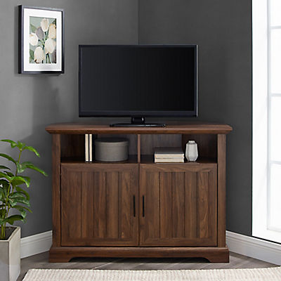 W. Trends 44" Coastal Farmhouse Grooved Door Corner TV Stand for Most TV's up to 50" - Dark Walnut