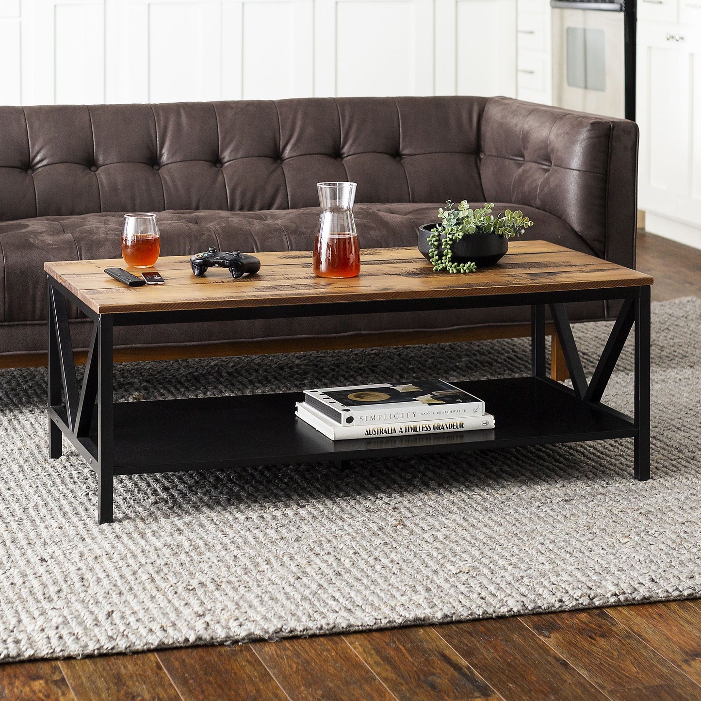 W. Trends 48" Distressed Farmhouse Solid Wood Coffee Table - Reclaimed Barnwood and Black