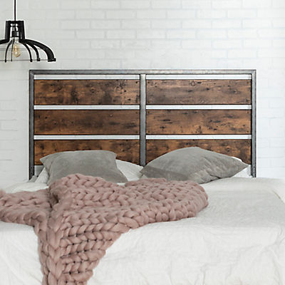 W. Trends Industrial Queen Size Wood Metal Panel Headboard - Brown