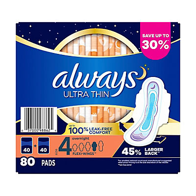 Always Ultra Thin Size 4 Overnight Pads with Flexi-Wings, 80 ct. - Unscented