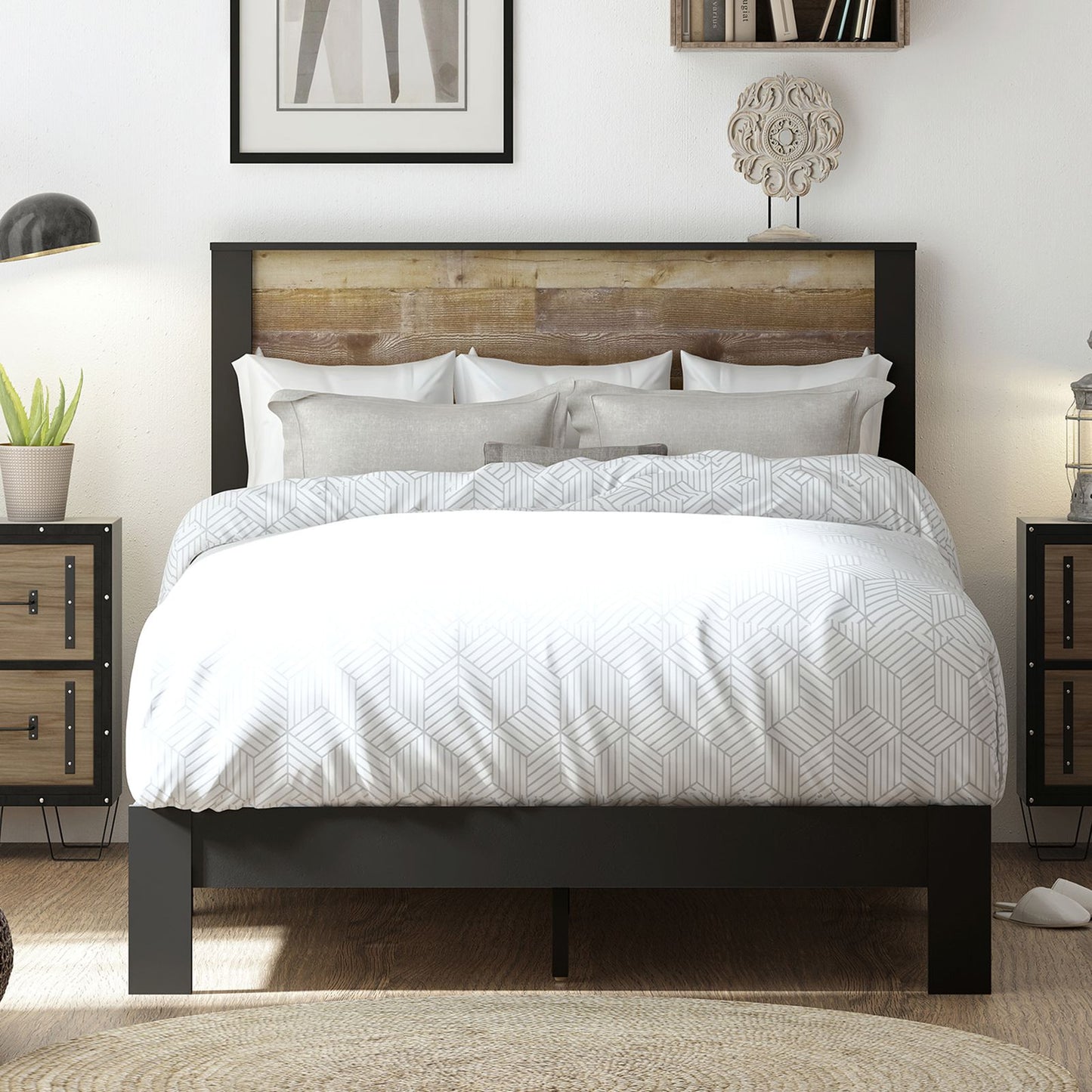 Living Essentials by Hillsdale Bezza Queen Platform Bed, Knotty Oak and Matte Black