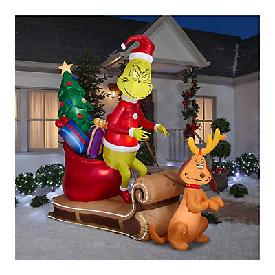 Gemmy Giant Animated Christmas Inflatable Grinch and Max Sleigh Scene with Micro LEDs