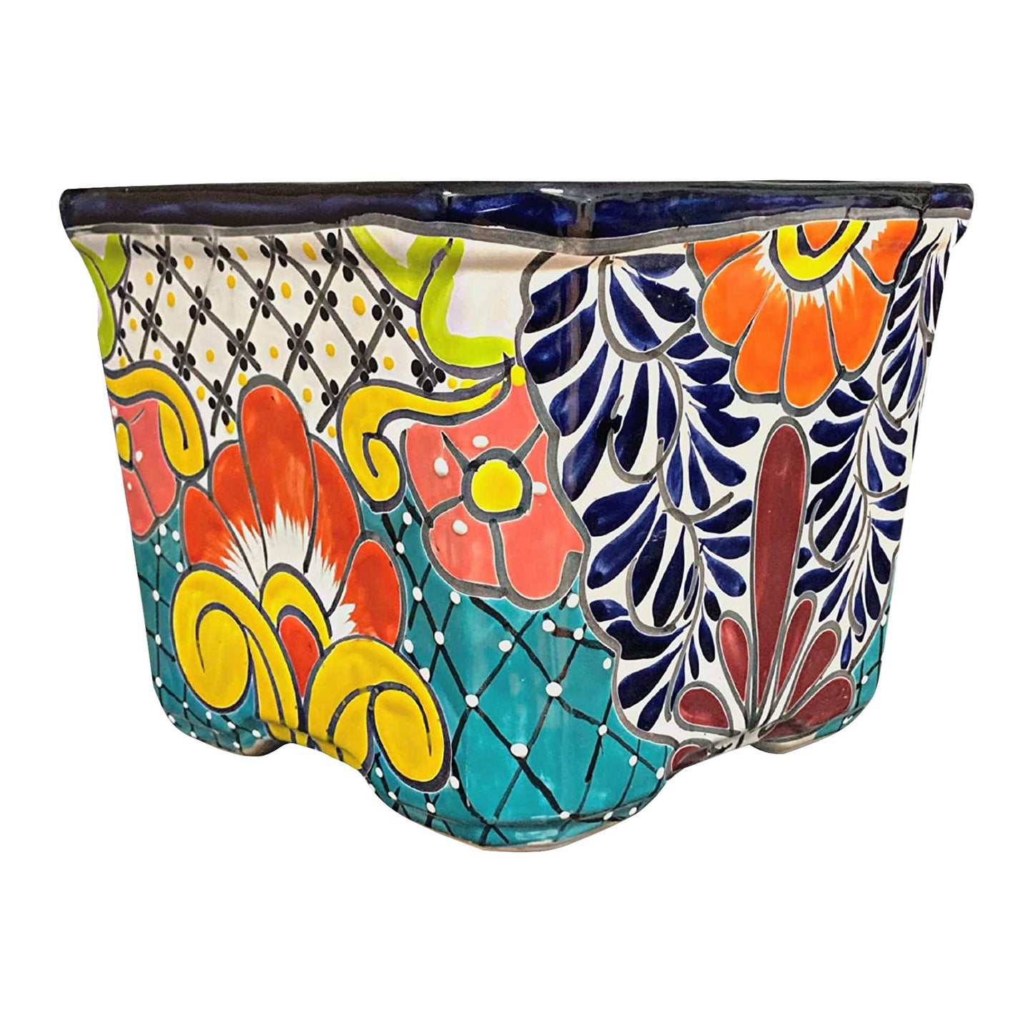 Blue Orange Pottery Large Square Talavera Planter with Feet