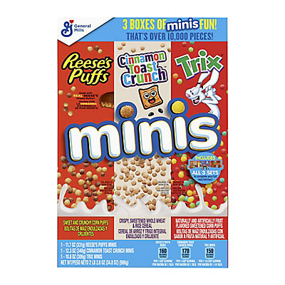 Minis Kids Breakfast Cereal Variety Pack, Reeses Puffs, Cinnamon Toast Crunch, Trix, 34.8 oz.
