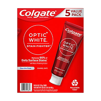 Colgate Optic White Stain Fighter Teeth Whitening Toothpaste Pack, Clean Mint Paste, 5 pk./6.0 oz.