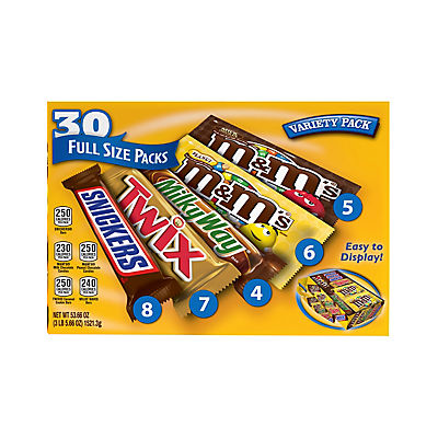 M&M's, Twix, Snickers & Milky Way Full Size Chocolate Candy Bars Assorted Variety Box, 30 ct.