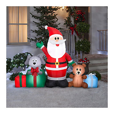 Gemmy Christmas Inflatable Santa Scene with Gift Boxes, Puppy and Teddy Bear