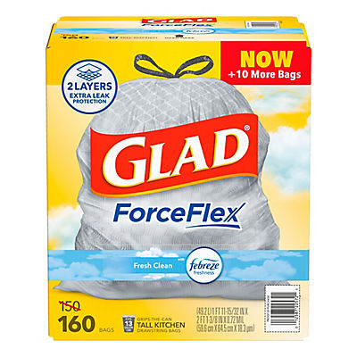 Glad ForceFlex Tall Kitchen Drawstring Trash Bags - Gain Fresh Clean with Febreze, 160 ct./13 gal.
