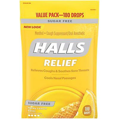Halls Sugar-Free Honey Lemon Cough Suppressant Drops, 180 ct.