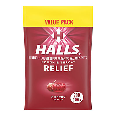 Halls Relief Cherry Flavor Cough Drops, Value Pack, 200 ct.