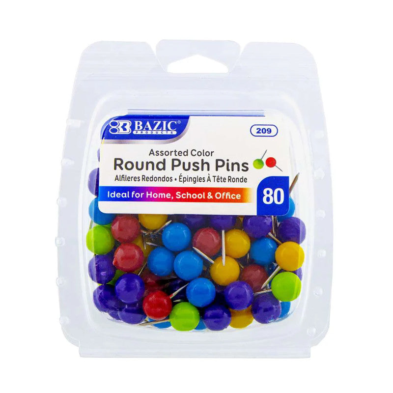 Round Push Pins 80Ct Asst Color (Pack of 12)