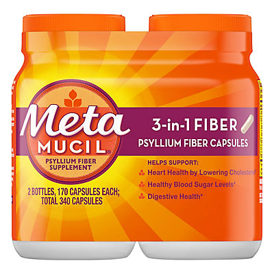 Metamucil Daily Psyllium Husk Powder Supplement Capsules, 3-in-1 Plant Based Fiber, 340 ct.