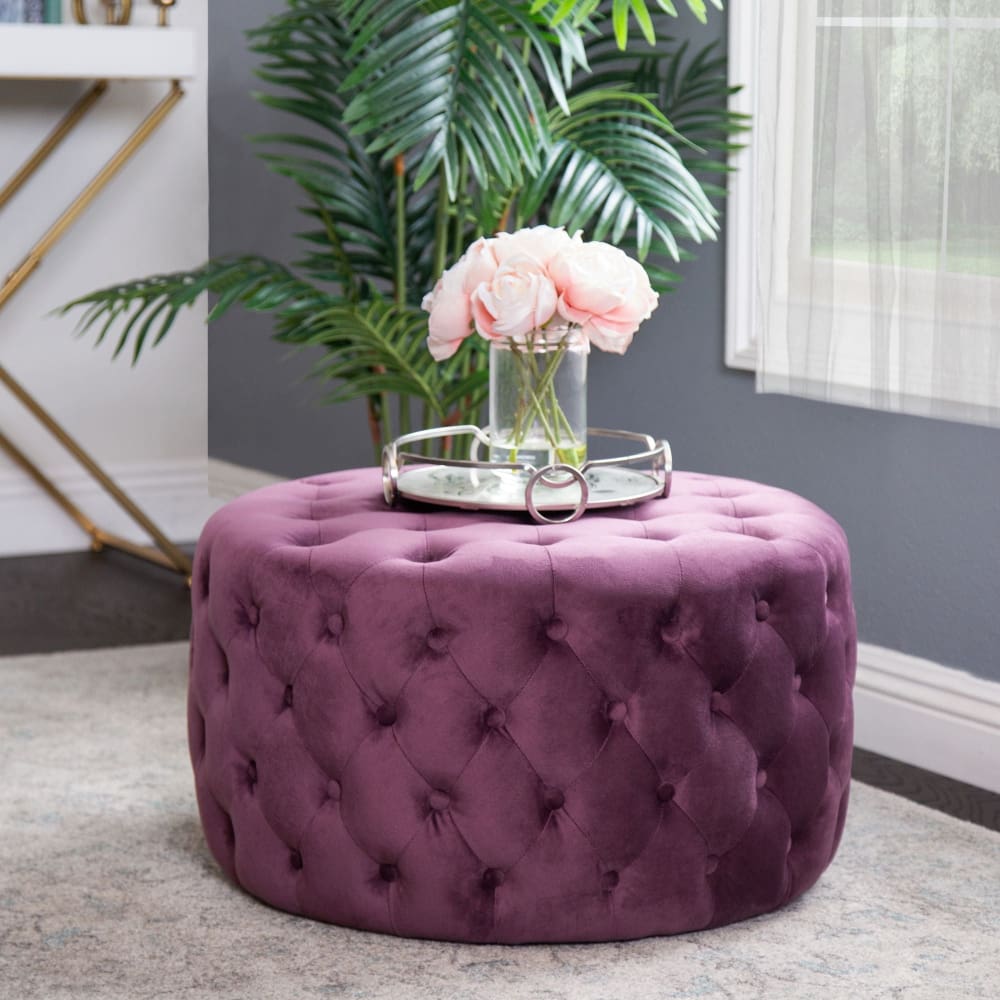 Abbyson Living Lilley Tufted Round Velvet Ottoman - Purple - Abbyson Living