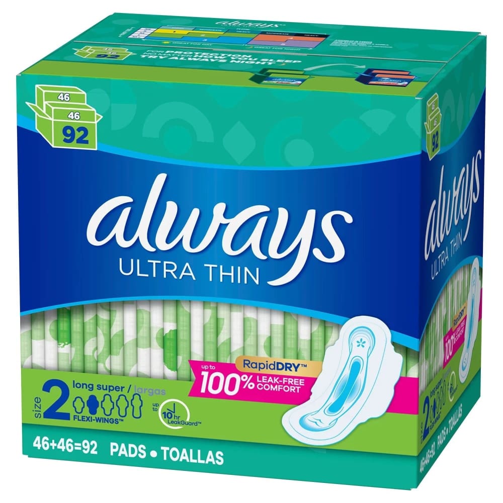 Always Ultra Thin Pads Size 2 Super Long Absorbency Unscented with Wings (92 ct.) - Liners & Pads - Always