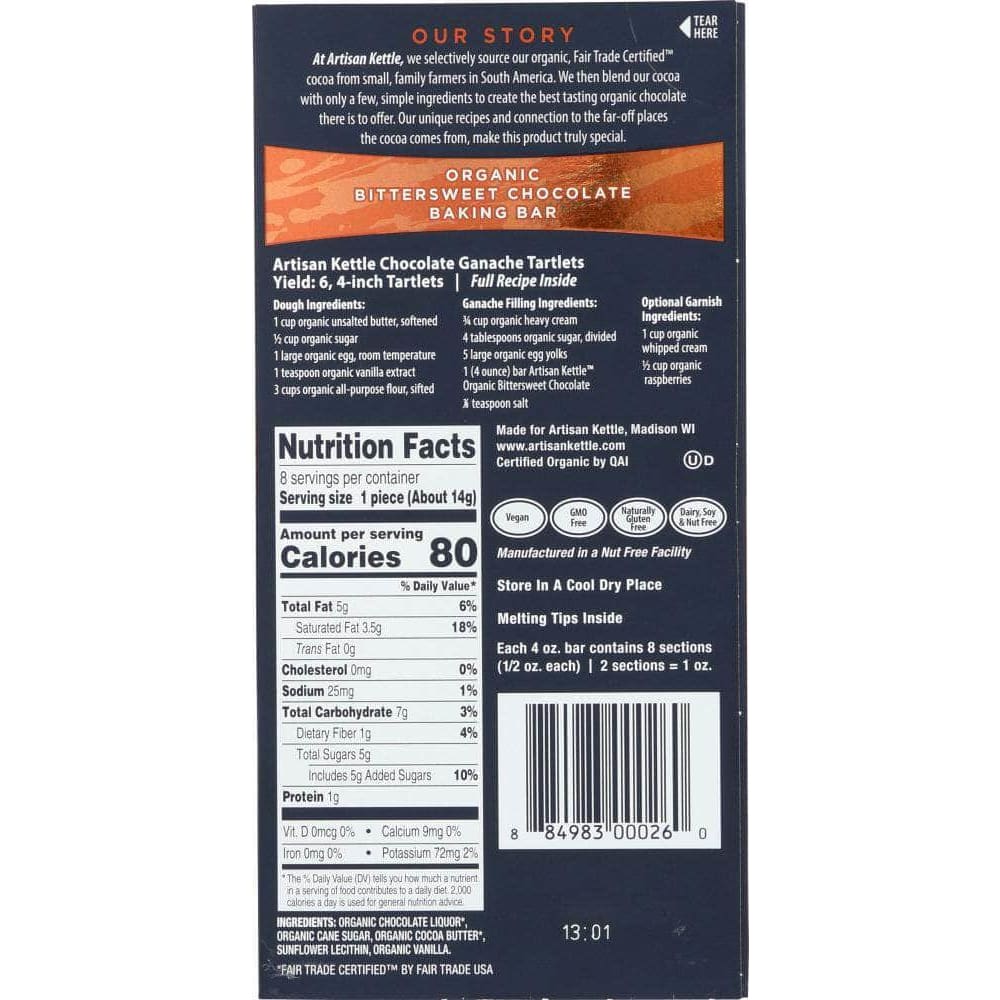 Artisan Kettle Artisan Kettle Bittersweet Chocolate Baking Bar Organic, 4 oz