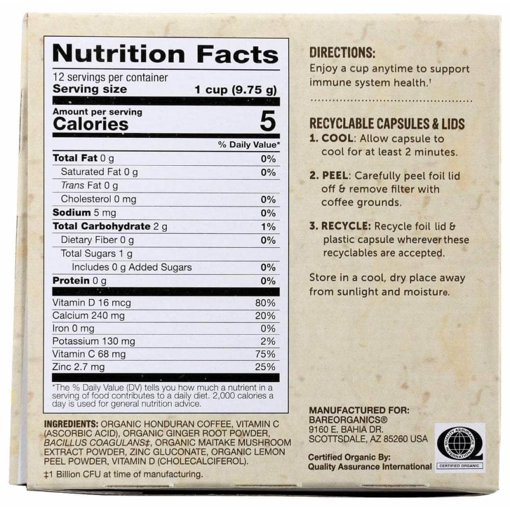 BAREORGANICS Grocery > Beverages > Coffee, Tea & Hot Cocoa BAREORGANICS Organic Immunity Coffee With Superfoods, 4.13 oz