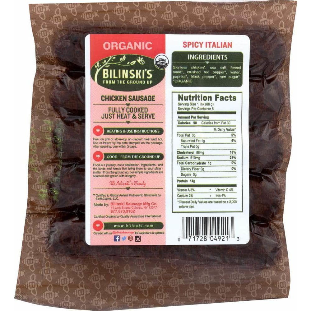 Bilinskis Bilinskis Chicken Sausage Spicy Italian Organic, 12 oz