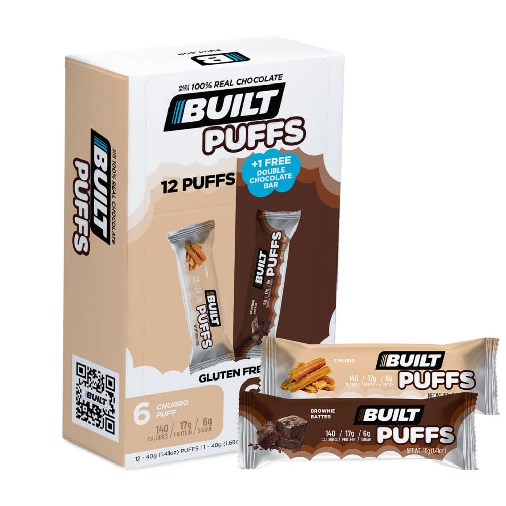 Built Bar Protein Puff Bars Mixed Box Churro Brownie Batter + 1 Free Double Chocolate (13 pk.) - Diet Nutrition & Protein - Built