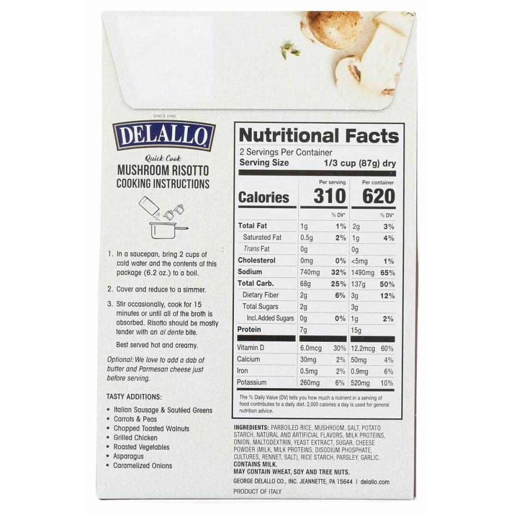 DELALLO Grocery > Pantry > Food DELALLO: Quick Cook Mushroom Risotto, 6.2 oz
