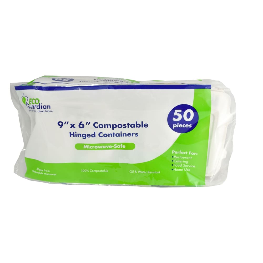 Eco Guardian 9 x 6 Compostable Stackable Clamshell with Lid - White - Eco