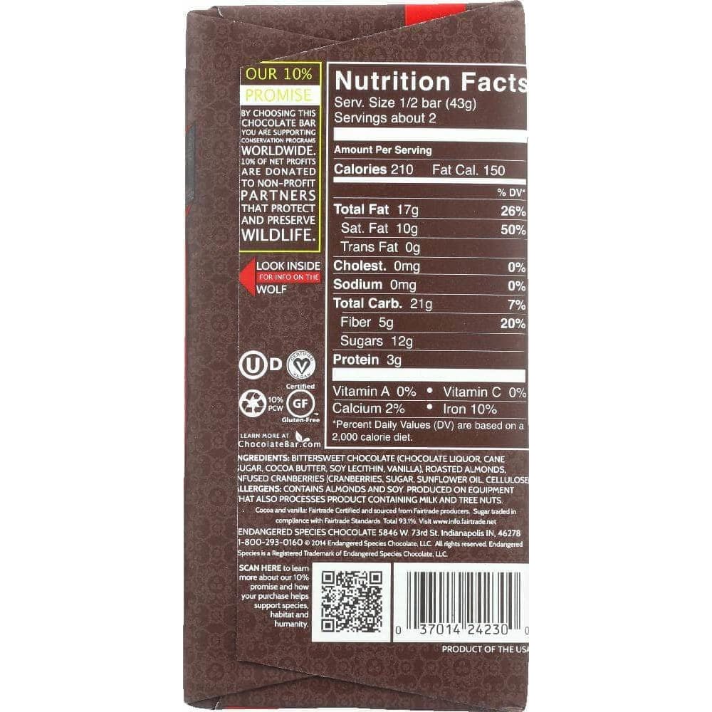 Endangered Species Chocolate Endangered Species Dark Chocolate Bar with Cranberries & Almonds, 3 oz