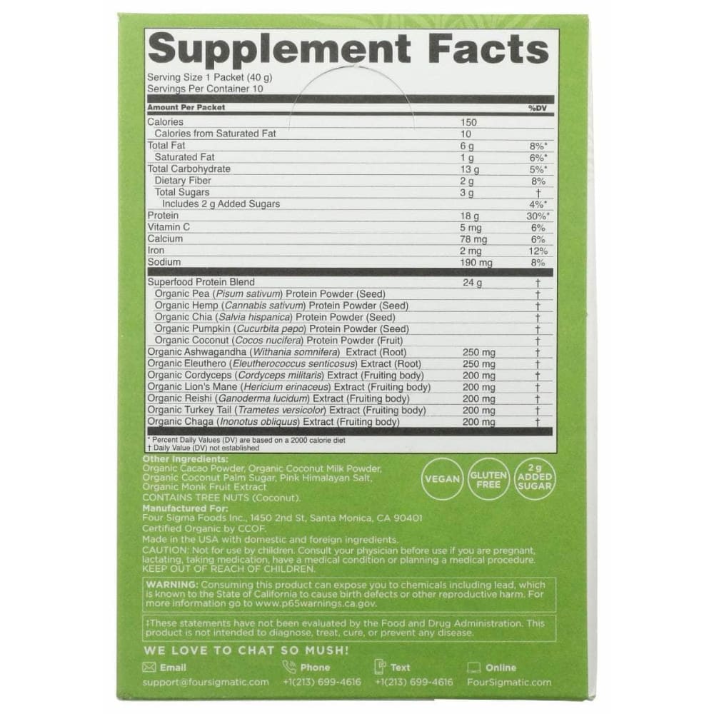 FOUR SIGMATIC Four Sigmatic Plant Based Protein Powder Creamy Cacao Box, 14.1 Oz