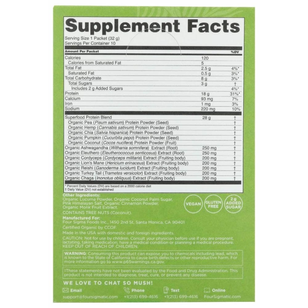 FOUR SIGMATIC Four Sigmatic Plant Based Protein Powder Unflavored Box, 11.3 Oz