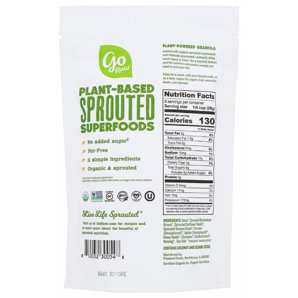 GO RAW Grocery > Snacks > Cookies > Bars Granola & Snack GO RAW: Sprouted Organic Granola Apple Cinnamon, 8 oz