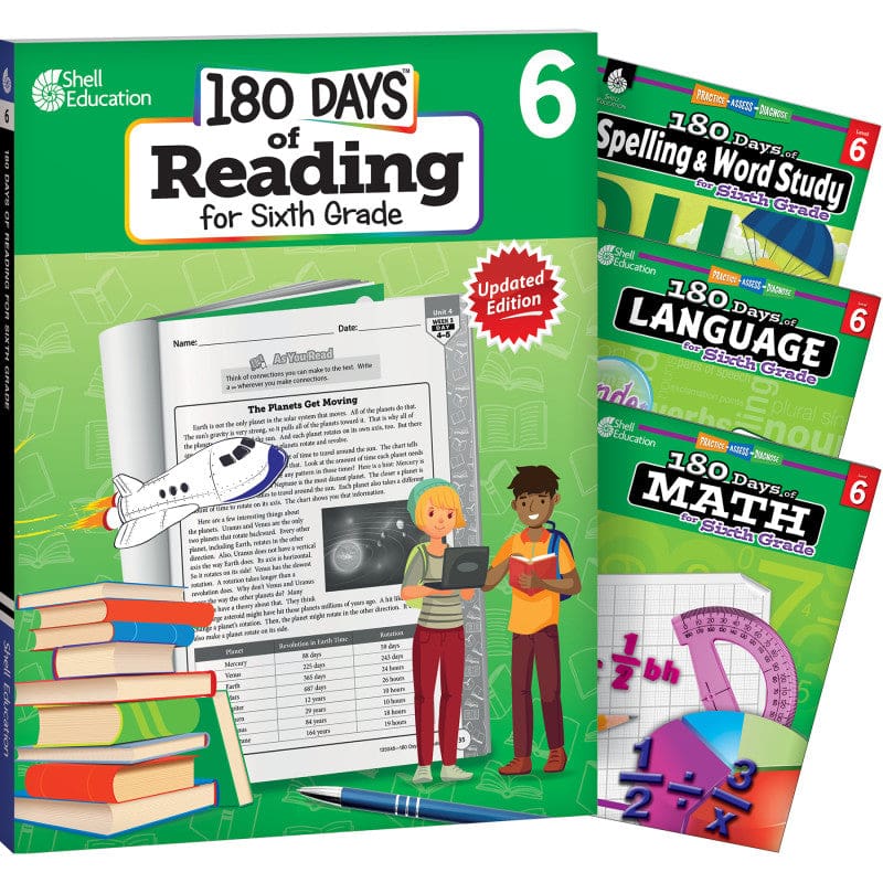 Grade 6 180 Days 4 Book Set Reading Spelling Language Math - Cross-Curriculum Resources - Shell Education