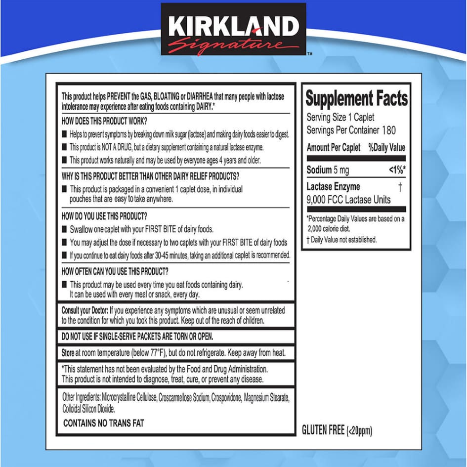 Kirkland Signature Fast Acting Lactase 180 Caplets - Fiber & Laxatives - Kirkland Signature
