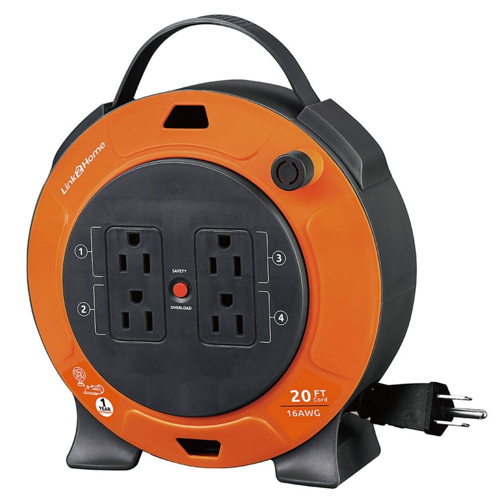 Link2Home Cord Reel 20’ Extension Cord 4 Power Outlets – 16 AWG SJT Cable - Extension Cords - Link2Home
