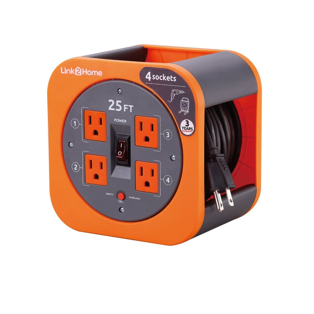 Link2Home Cord Reel 25’ Extension Cord 4 Power Outlets – 16 AWG SJT Cable - Extension Cords - Link2Home