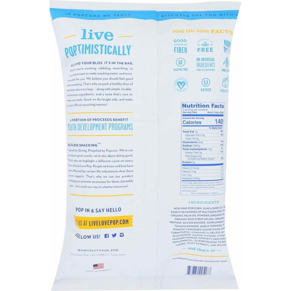 Live Love Pop Live Love Pop Popcorn Ready To Eat Zesty Ranch, 4.4 oz