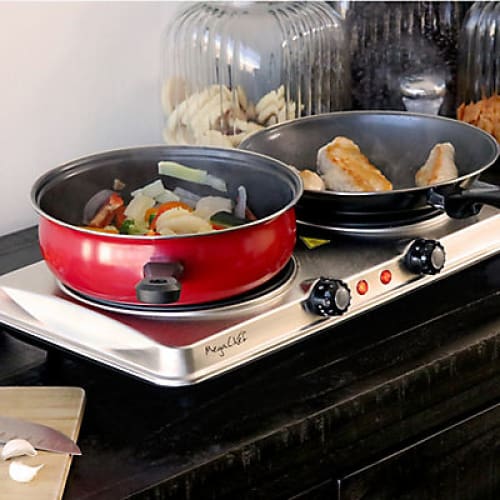 MegaChef Electric Easily Portable Heavy Duty Lightweight Dual Size Infrared Burner Cooktop Buffet Range - Sleek Steel -