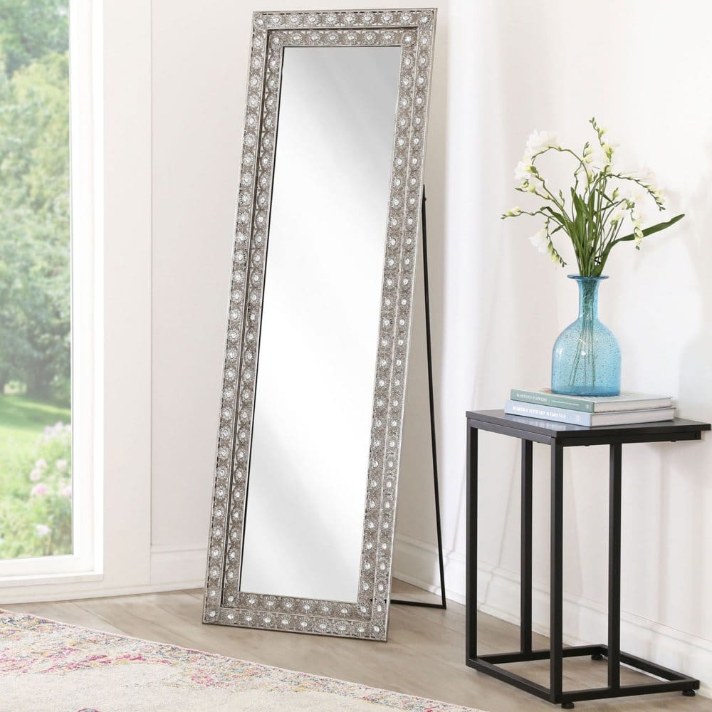 Melanie Floor Mirror With Stand And Rhinestone Accent - Mirrors - Melanie