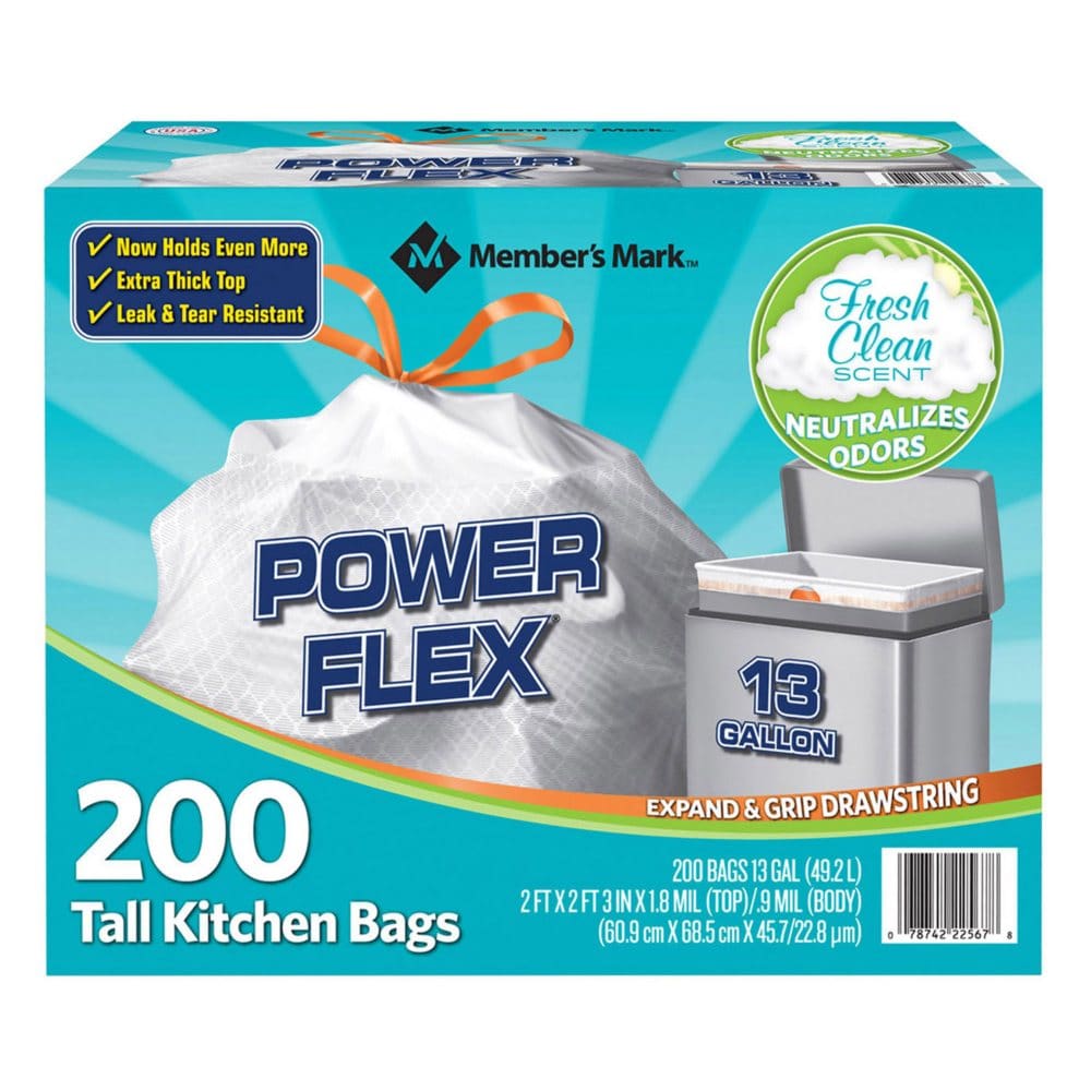 Member’s Mark Power Flex Tall Kitchen Drawstring Trash Bags Fresh Scent (13 gal. 200 ct.) - New Member Recommended Products - Member’s