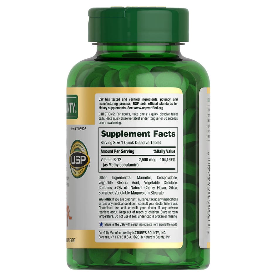 Nature’s Bounty Vitamin B-12 2500 mcg 300 Quick Dissolve Tablets - Adult Multi & Letter Vitamins - Nature’s Bounty