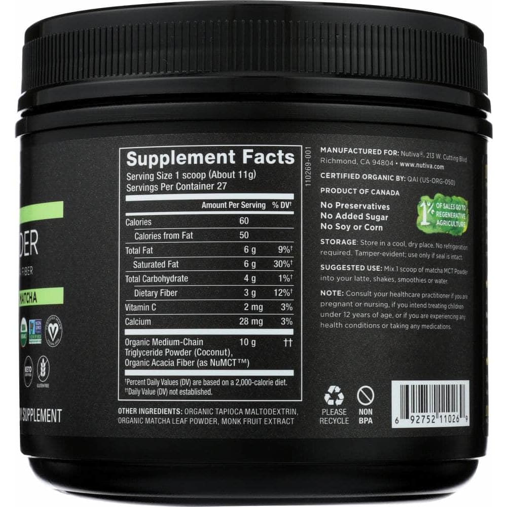 NUTIVA Nutiva Organic Mct Powder Matcha, 10.6 Oz
