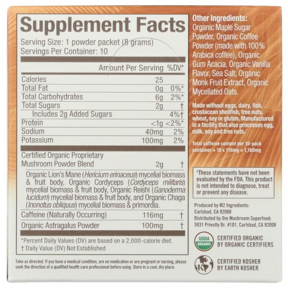 OM MUSHROOMS Om Mushrooms Mushroom Coffee Latte 10 Packets, 2.82 Oz