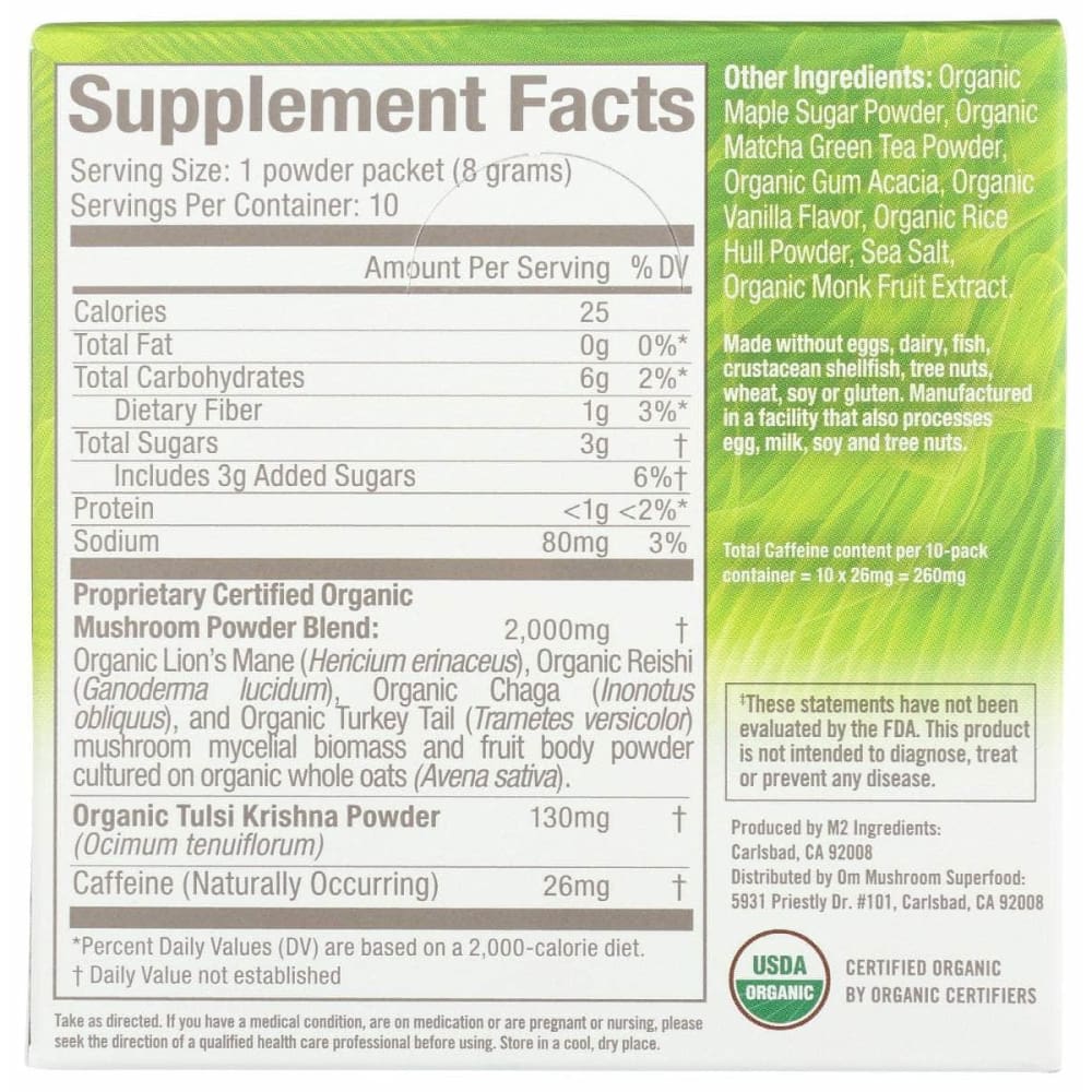 OM MUSHROOMS Om Mushrooms Mushroom Matcha Latte Blend 10 Packets, 2.82 Oz