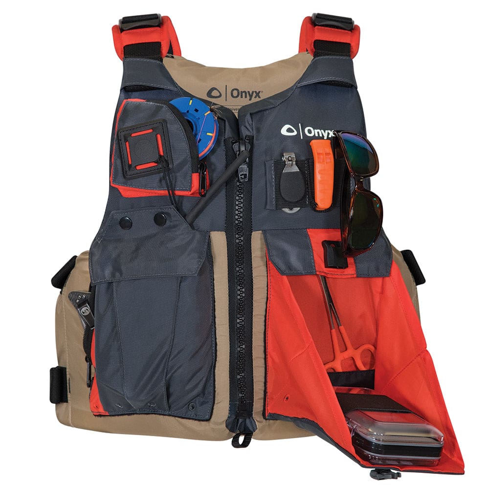 Onyx Kayak Fishing Vest - Adult Universal - Tan/ Grey - Paddlesports | Life Vests,Marine Safety | Personal Flotation Devices - Onyx Outdoor